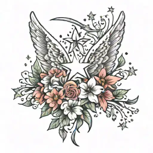 Angel Wings With Five Shooting Stars And Flowers