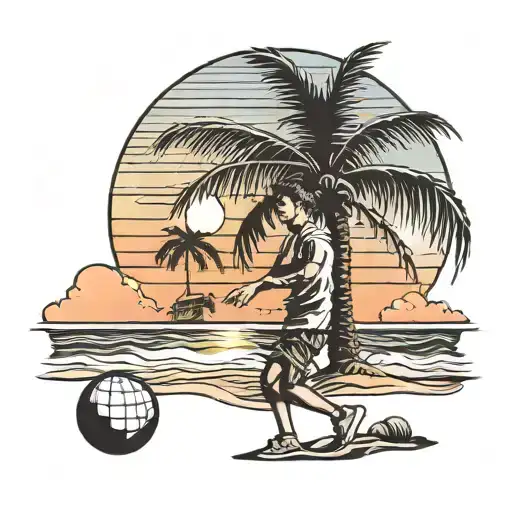 A Boy Playing With A Ball On A Beach That Has A Palm Tree On The Left At Sunset
