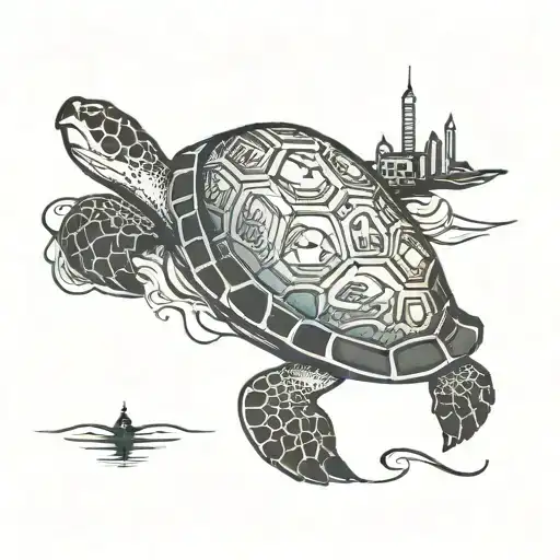 A Turtle With A A Tiny City On It's Back