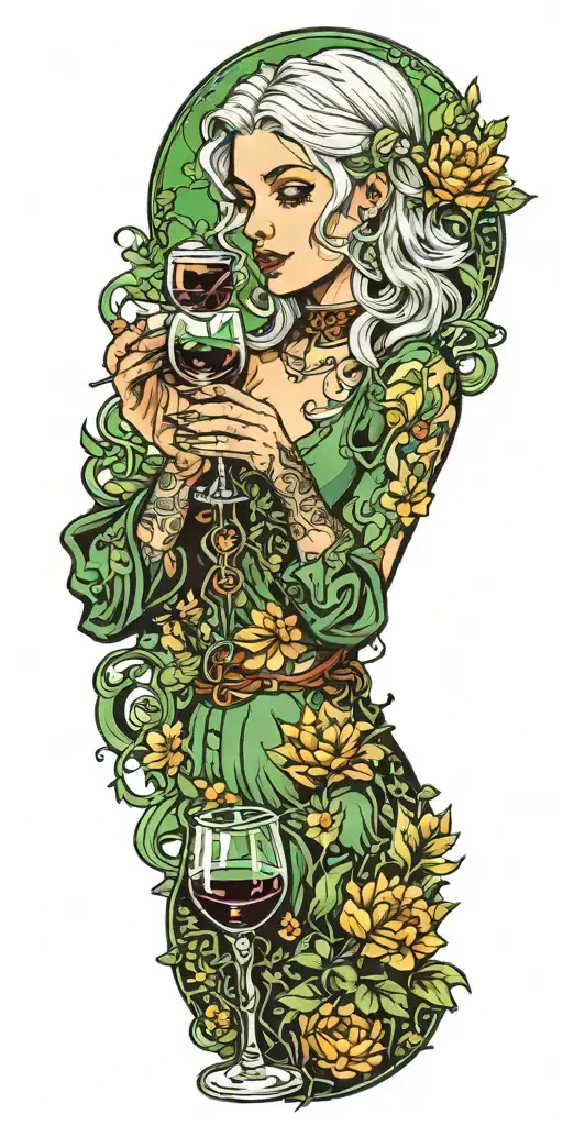 Silver Haired Girl Drinking Green Plasma From A Wine Glass In A Green Meadow