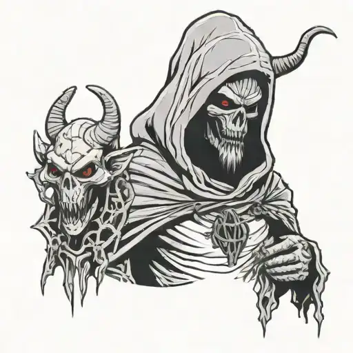 An Hooded Undead Warlock From The Waist Up With An Imp Demon Hanging Over His Shoulder