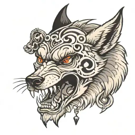Wolf Face With Skull In Mouth Open