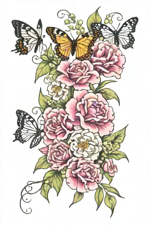 Carnations Iris Lily Of The Valley Rose Honey Suckle With Leafs And 4 Butterflies