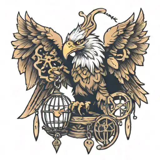 Eagle With A Key In Its Paws With A Cage In The Background