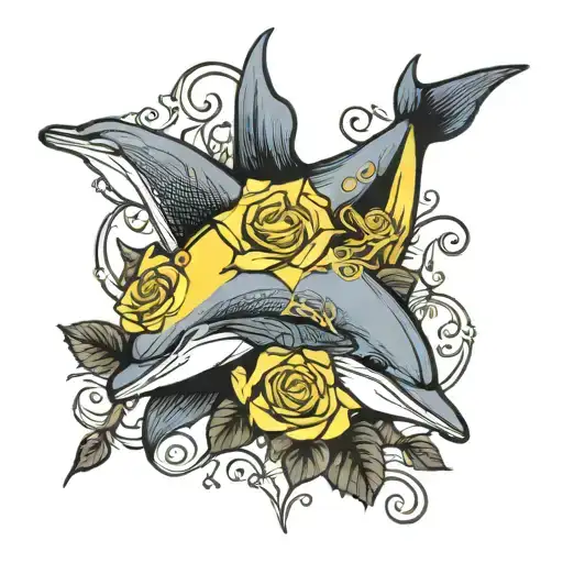 Yellow And Black Rose And Dolphin
