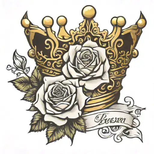 Crown And Roses With Name Tattoo Sleeve