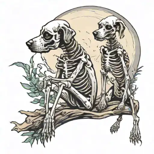 Skeletons Hoding Skeleton Dog Looking At Moon And Olants