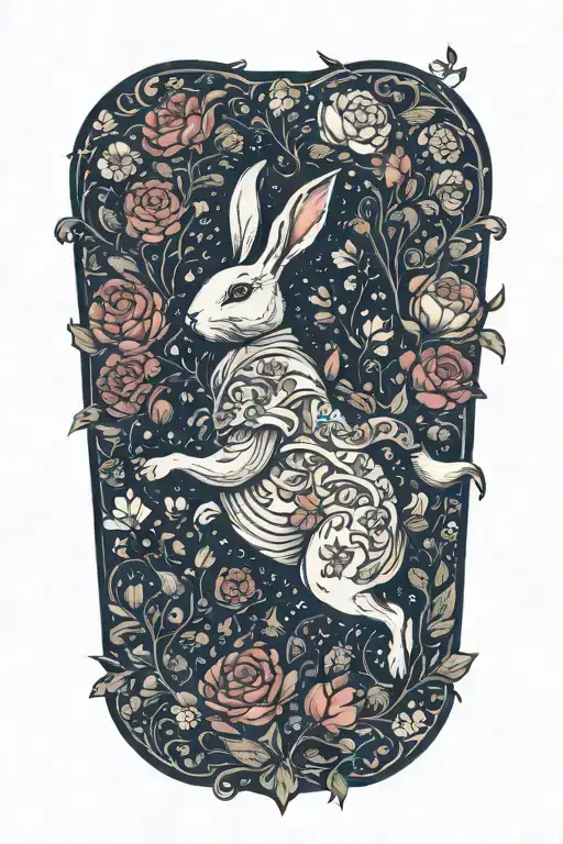 White Rabbit Running Surrounded By Flowers