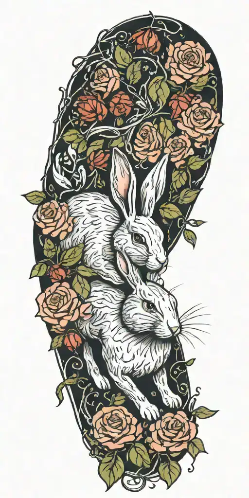 Rabbit Running And Roses Intertwined With Vines Wrapped