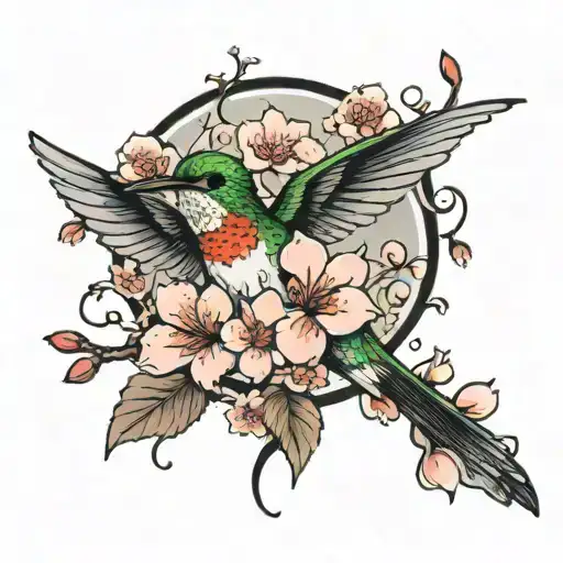 Cherry Blossom With Hummingbird Surrounded