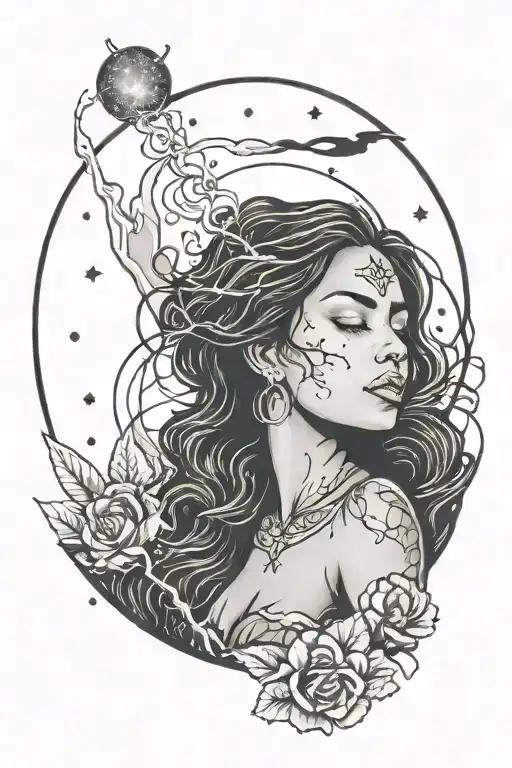 Nicaraguan Woman With A Lightning Storm Background In A Moonlit Sky With The Cancer Constellation