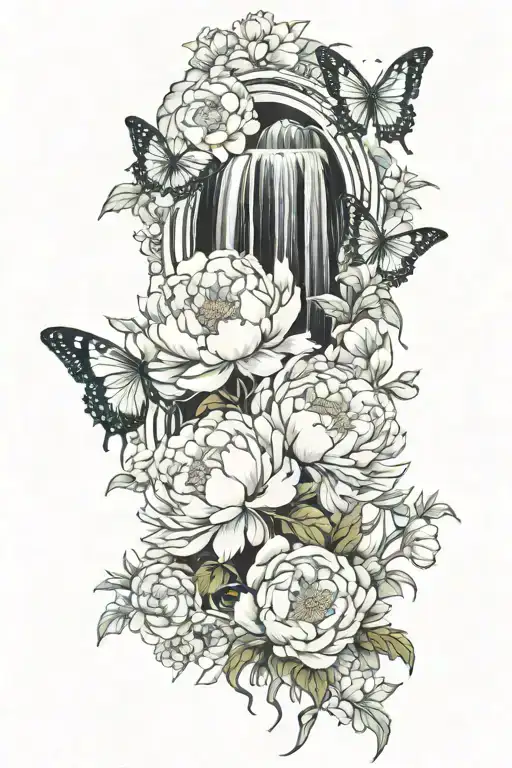 Peonies Butterfly Waterfall Scene