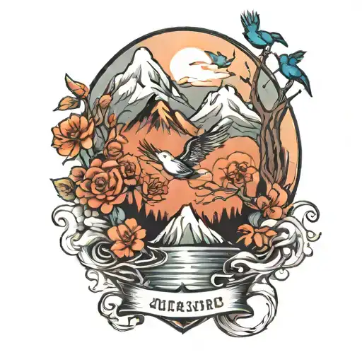 Create An Image Of A Sleeve Tattoo With Mountains Birds And You Raise Me Up Quote In It