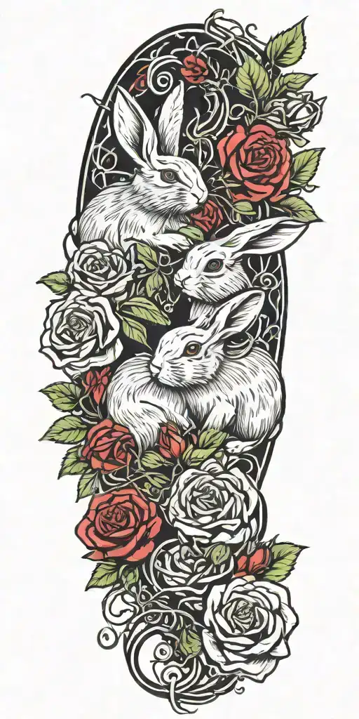 Rabbits And Roses Intertwined With Vines Wrapped