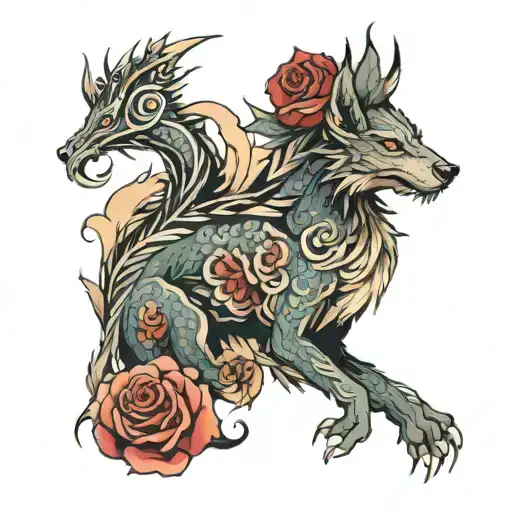 A Dragon With A Rose On Its Head And A Body Wolf