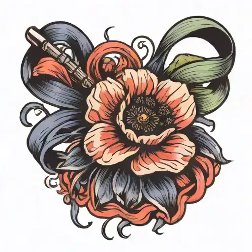 Poppy Flower And Cancer Ribbon Wrapped