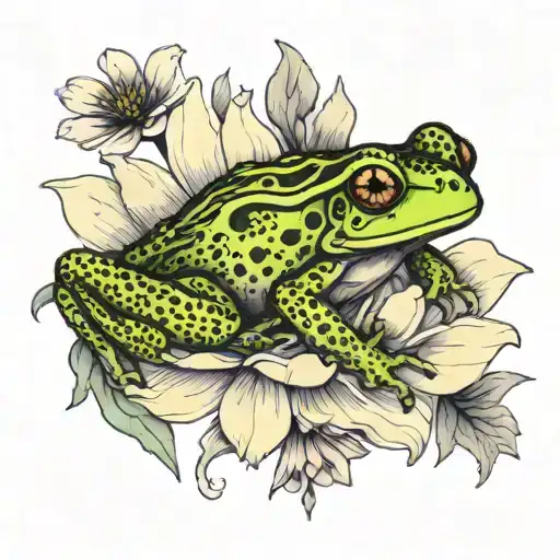 Cosmos And Marigold Flower With Cute Frog Sitting