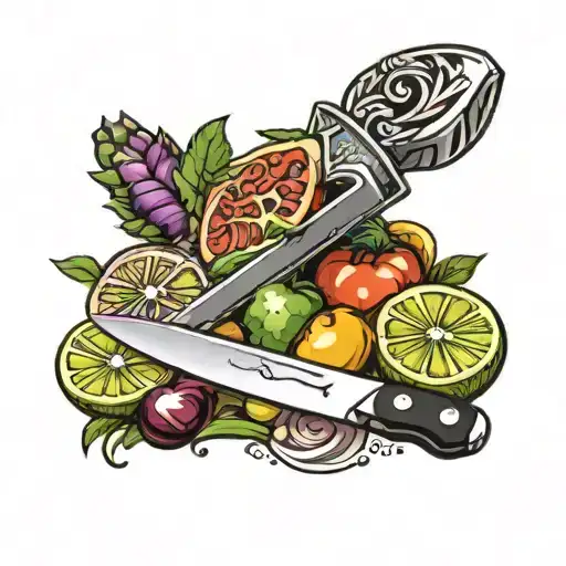 Chef Knife With Some Fruits And Vegetables