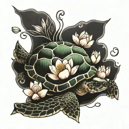 Turtle And Lotus Flower Blooming