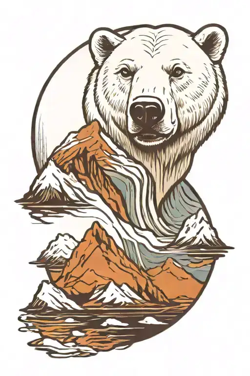 Polar Bear Head With Arctic Lake And Mountains
