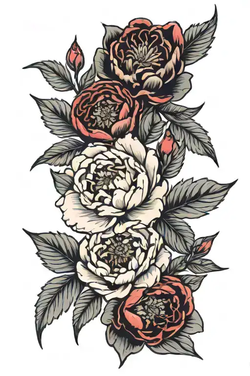 Peonies With Leaves And Patterns In Black And Red