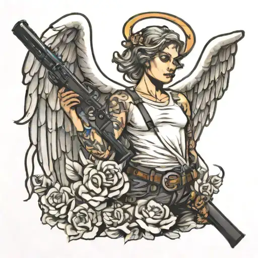 Angel Holding A Shotgun Upward Surrounded