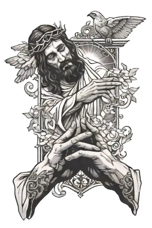 Jesus Hand Reaching Out Through Heavens Gate To Hold Man's Hand