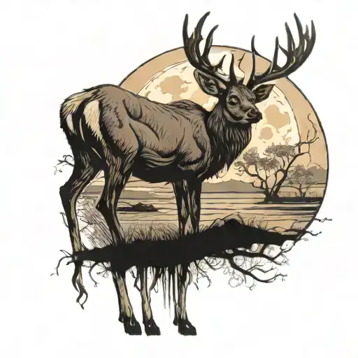 Sambar Deer Standing In Shallowcreek In Full Moon