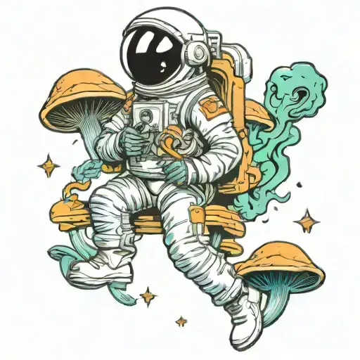 Astronaut Floating Around Mushrooms With Alien Smoking A Joint