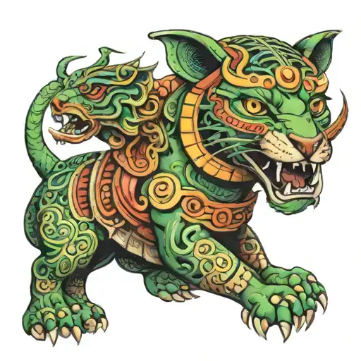 Pre-hispanic Quetzalcoatl And Jaguar Warrior Full Body