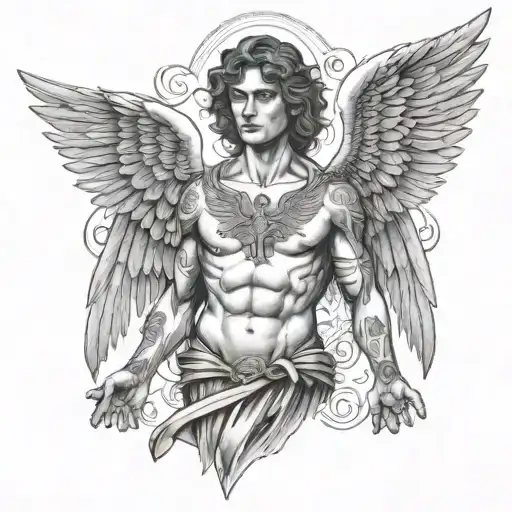 Archangel Michael On Chest City Background Black