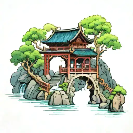 Asian Temple Next A Bridge Going Over A Stream Inside A Fram Of An Imugi Biting Its Tail