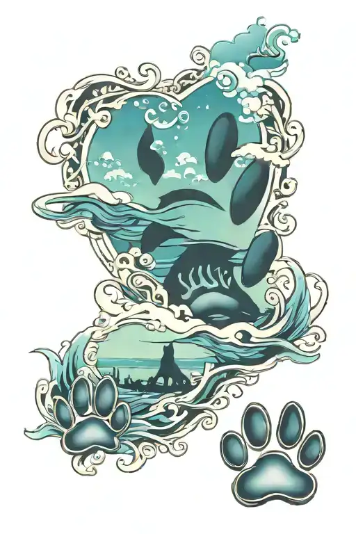 Ocean View With Dogs Paw Print Surrounded