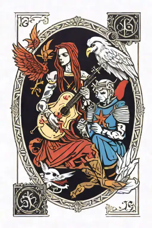 Husker And Angel Sitting Together On A Tarot Card Held By Alastor