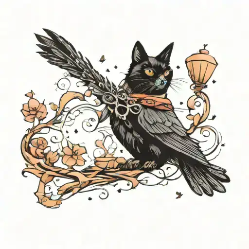 Cat And Raven Flying