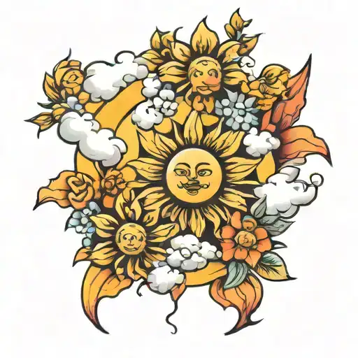 Sun And Clouds With Flowers