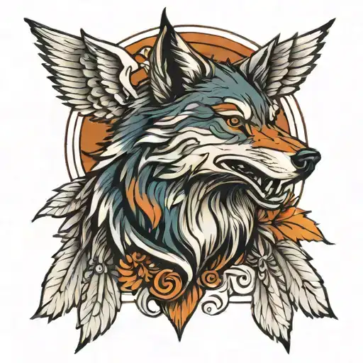 Wolf Face With Eagle Wings As Shade In Background