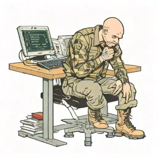 A Skinhead Software Developer With Boots Coding In His Computer In His Desk
