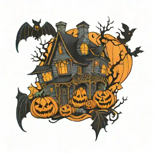 Halloween Sleeve With Haunted House Jack O Lantern Black Cats Bats