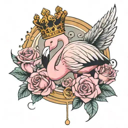 Funny Flamingo And Roses With Crown Looking Forward