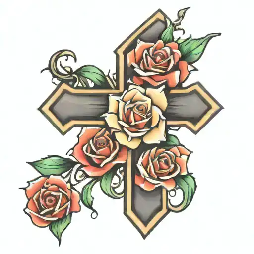 Cross Tattoo With Maria Wraped Around Rose