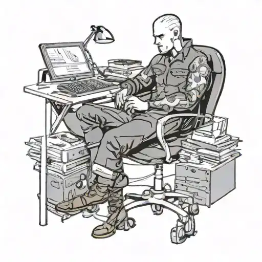 A Skinhead Software Developer With Boots Coding In His Computer In His Desk