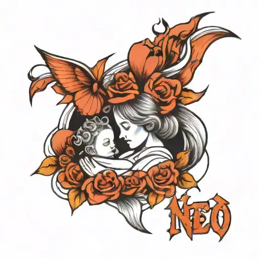 Pencil Outline Tattoo Mother With Baby And Teen