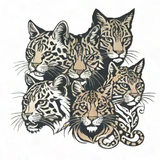 Three Different Types Of Wild Cats Horizontally In Traditional American Technique