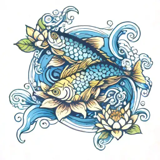 Two Fish Swimming Around A Water Lily In Swirling Water