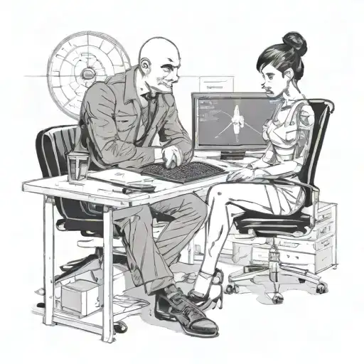 A Skinhead Software Developer Coding In His Computer And A Sexy Girl Sitting With Him In The Desk