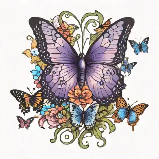 One Main Purple Butterfly With Many Smaller Butteflys Around It All Different Colors