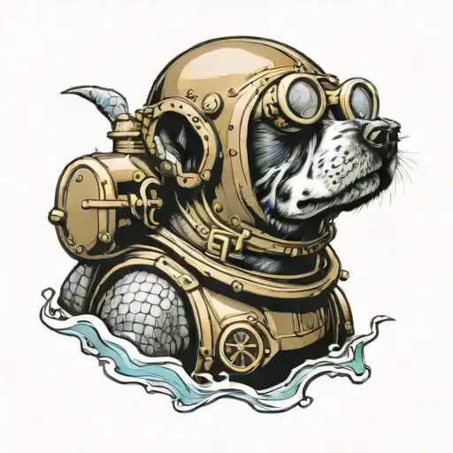 Dog Under Water With Traditional Brass Diving Helmet