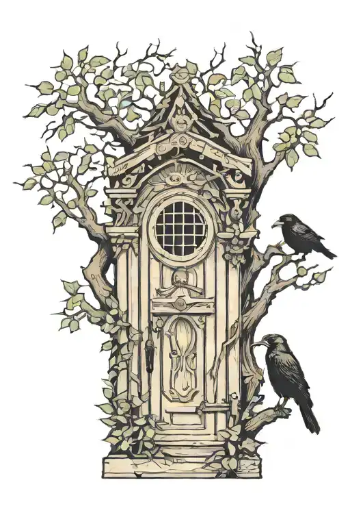 Door With An Elf Peeking Out And A Crow Perched On A Tree