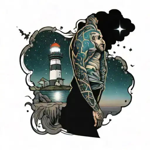 Man Standing Near To A Lighthouse Overlooking The Ocean With The Stars In The Sky